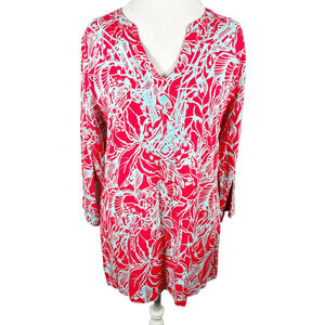Escapada Resort Tunic Top Tropical Embroidered Beachy Red Aqua Cruise Size L